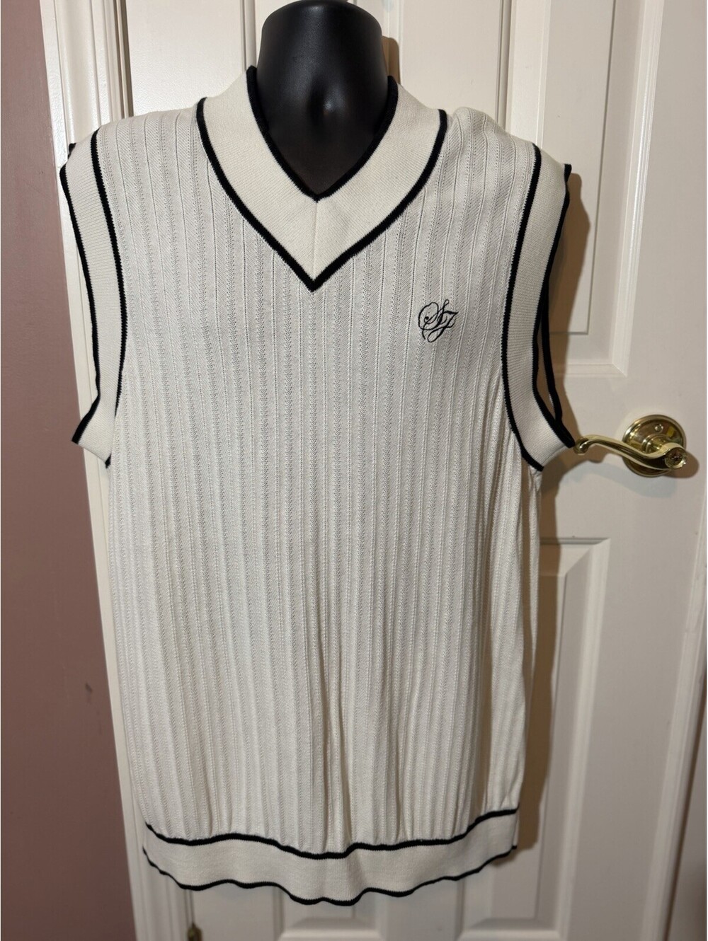 Sean John Mens XXL Cream Black Trim Cricket Sweater Vest SJ Logo Cotton
